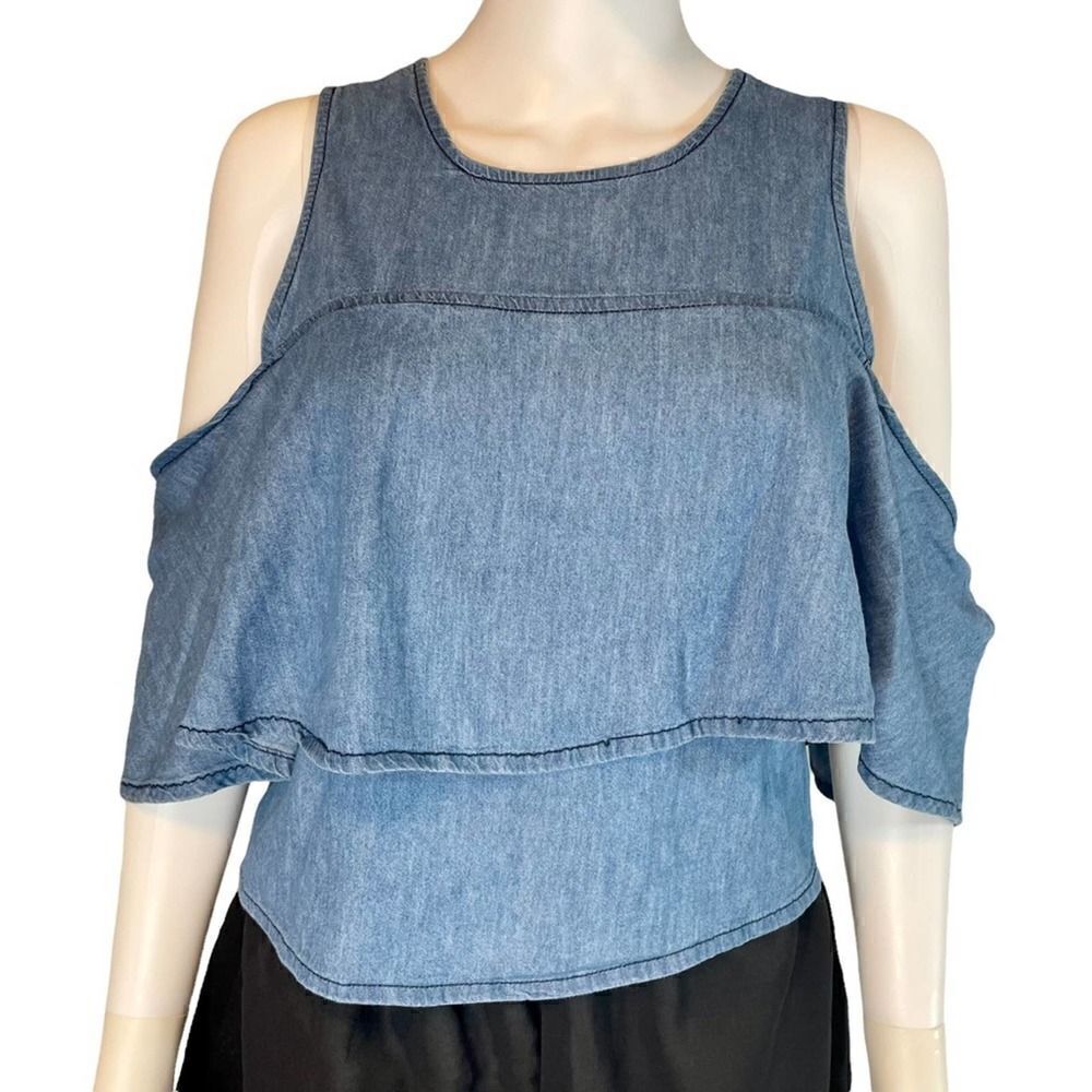 JW Styles Cold Shoulder Blue Denim Top